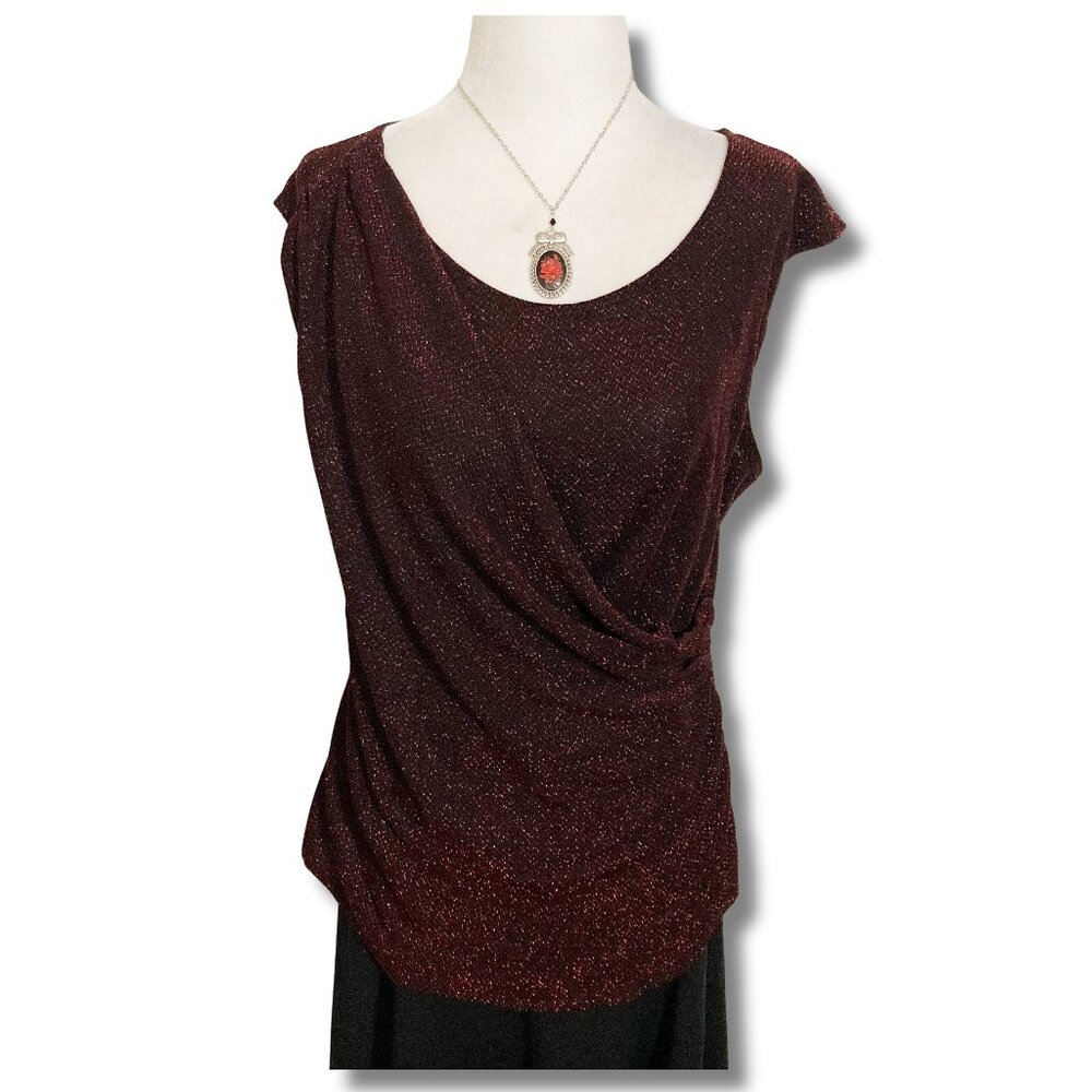JESSICA Sparkly metallic dark red black short-sleeve draped top ~ LARGE XL shirt